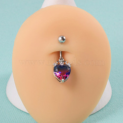 304 Stainless Steel & Bloodstone & Cubic Zirconia Belly Rings, Stainless Steel Color, Heart, 10mm, Pin: 1.6mm(WGF3178-01)