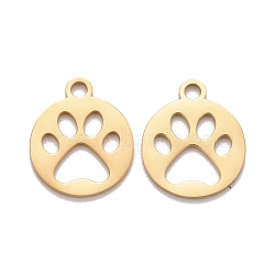 201 Stainless Steel Pendants, Laser Cut, Manual Polishing, Flat Round with Paw Print, Golden, 14x12x1mm, Hole: 1.5mm(STAS-D451-19G)