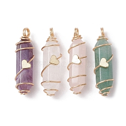 Natural Mixed Gemstone Copper Wire Wrapped Double Terminal Pointed Pendants, Faceted Bullet Charms, Golden, 35~37x12x10mm, Hole: 3~3.5mm(PALLOY-JF02547)