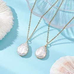 Baroque Natural Keshi Pearl Teardrop Pendant 304 Stainless Steel Cable Chain Necklaces for Women, White, Golden, 17.72 inch(45cm)(NJEW-JN05757)