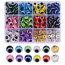 180Pcs 12 Colors 2 Style Resin Beads, Round with Evil Eye, Iron Rhinestone Spacer Beads, Mixed Color, 10x9mm, Hole: 2mm(RESI-SZ0001-21)