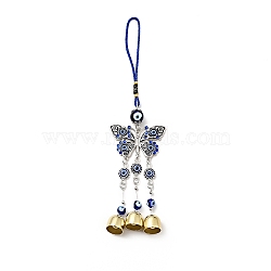 Butterfly Wind Chimes, Handmade Lampwork & Alloy Rhinestone & Resin Evil Eye Hanging Ornaments, Antique Silver & Golden, 272mm(HJEW-H058-05)