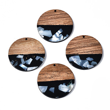 Opaque Resin & Walnut Wood Pendants, with Shell Chips, Two Tone, Flat Round, Black, 38.5x3.5mm, Hole: 2mm