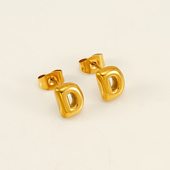 Chunk Letter 304 Stainless Steel Stud Earrings for Women, Real 18K Gold Plated, Letter D, 7.5~8.5x5~10.5mm