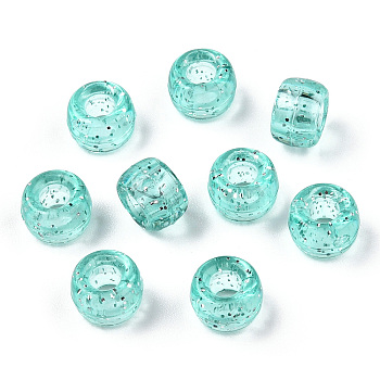 Transparent Plastic Beads, with Glitter Powder, Barrel, Turquoise, 9x6mm, Hole: 3.8mm, about 1900pcs/500g