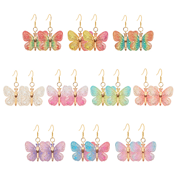 10Pairs 10 Colors Bling Butterfly Resin Dangle Earrings, Golden Iron Jewelry for Women, Mixed Color, 44mm, Pin: 0.5mm, 1 Pair/color