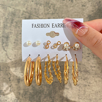 Alloy & Plastic Pearl & Rhinestone Earring Sets, Golden, 6~70mm, 6pairs/set