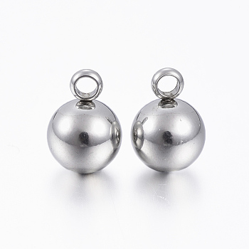 201 Stainless Steel Round Ball Charms, Stainless Steel Color, 11x8mm, Hole: 2mm
