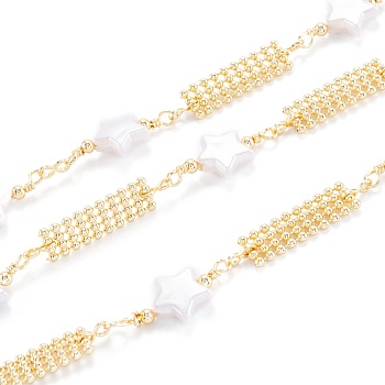 Handmade Brass Beaded Chain, with CCB Plastic Imitation Pearl & Brass Beaded Band, Long-Lasting Plated, Unwelded, with Spool, Star, Light Gold, strip: 7x6x1.5mm, star: 21x10x3.5mm, 32.8 Feet(10m)/roll