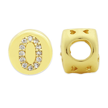 Brass Micro Pave Clear Cubic Zirconia Beads, Flat Round with Letter, Letter.O, 7.5x6.5mm, Hole: 3.5mm, 3pcs/bag