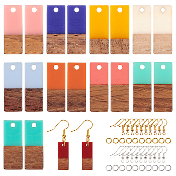 DIY Dangle Earring Making Kits, Including Resin & Wood Pendants, Brass Earring Hooks & Jump Rings, Rectangle, Mixed Color, Pendants: 22.5~23x8.5~9x3.5mm, Hole: 2mm, 10 colors, 2pcs/color, 20pcs/box