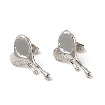 304 Stainless Steel Word Dream Stud Earring Settings, Melting Heart with Teardrop Tray, Stainless Steel Color, Tray: 8.5x6mm, 20x14mm, Pin: 0.8mm