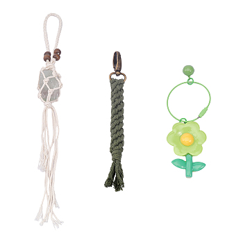 CHGCRAFT 3Pcs 3 Style Cotton Braided Pendant Decorations, with Resin Flower Pendant Keychain and Natural Fluorite Car Hanging Ornament, Mixed Color, 115~355mm, 1pc/style
