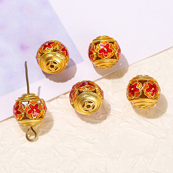 Brass Enamel Beads, Round with Flower, Red, 12mm