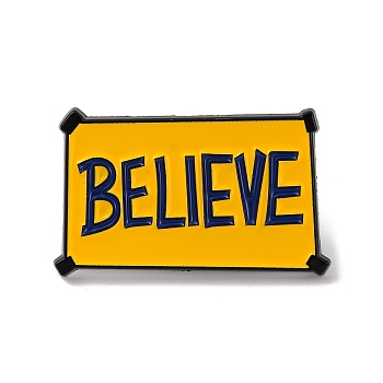 BELIEVE Word Alloy Enamel Pins, Rectangle Brooches, for Backpack Clothes, Orange, 19x30.5mm