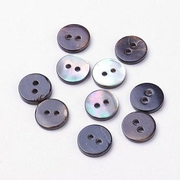 2-Hole Shell Buttons, Flat Round, Black, 10x2mm, Hole: 1.5mm