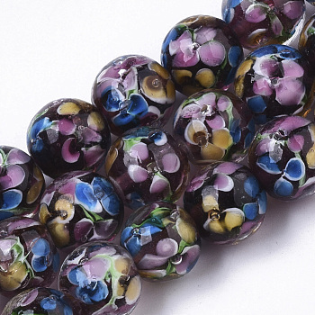 Handmade Lampwork Beads Strands, Inner Flower, Round, Purple, 11.5~12.5x10.5~11.5mm, Hole: 1.4mm, about 45pcs/Strand, 19.69 inch~20.08 inch
