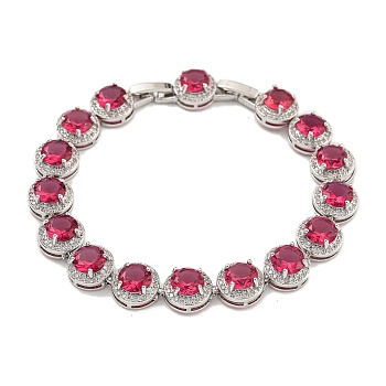 Flat Round Glass Link Chain Bracelets, Rack Plating Platinum Plated Brass Jewelry for Women, Crimson, 7-7/8 inch(20.1cm)