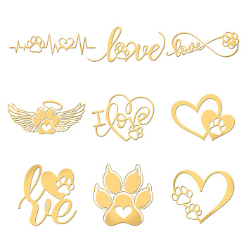 Nickel Decoration Stickers, Metal Resin Filler, Epoxy Resin & UV Resin Craft Filling Material, Golden, Paw Print, Heart, 40x40mm, 9 style, 1pc/style, 9pcs/set