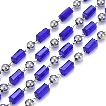 Handmade Glass Beaded Chains, Soldered, with Spool & 304 Stainless Steel Findings, Blue, Stainless Steel Color, Beads: 6.5x3.5x3.5mm and 4x3mm, link: 2.5x1x0.2mm, about 16.4 Feet(5m)/roll