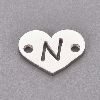 304 Stainless Steel Links, Heart with Letter, Stainless Steel Color, Letter.N, 9x12x1mm, Hole: 1.2mm