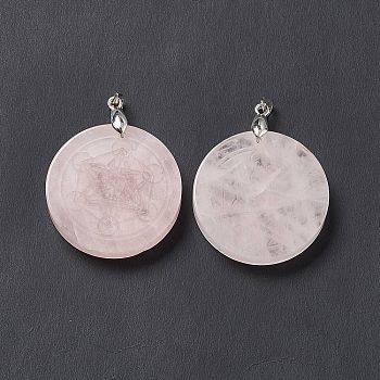 Natural Rose Quartz Pendants, Flat Round Charms with Chakra Theme Pattern, with Rack Plating Platinum Tone Brass Findings, Cadmium Free & Lead Free, 30x4~8mm, Hole: 4x4mm