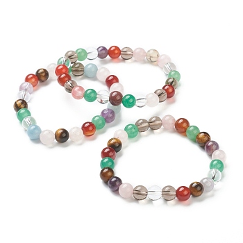 Natural Mixed Stone Beaded Stretch Bracelets, Round, Beads: 8~8.5mm, Inner Diameter: 2-1/8 inch(5.5cm)
