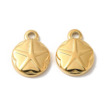 Manual Polishing 304 Stainless Steel Charms, Flat Round with Star Charm, Real 18K Gold Plated, 10.5x8.5x2.5mm, Hole: 1.4mm