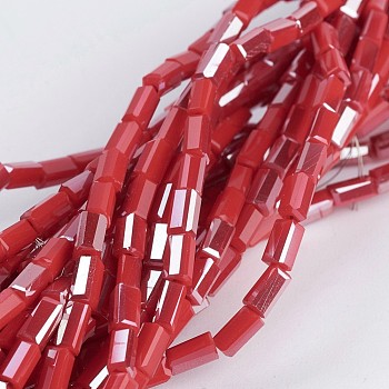 Electroplate Opaque Glass Beads Strands, Half Rainbow Plated, Faceted, Cuboid, Red, 4~5x2~2.5x2~2.5mm, Hole: 0.5mm, about 100pcs/strand, 17.5~19 inch(44.5~48.5cm)