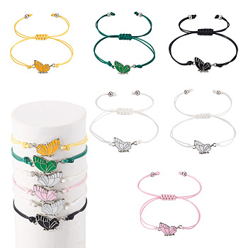 3 Sets 6Pcs 3 Styles Alloy Enamel Link Bracelets, Polyester Cord Braided Bracelets for Women, Butterfly, Mixed Color, Inner Diameter: 4-1/8 inch(10.3cm), 2pcs/set, 1 set/style