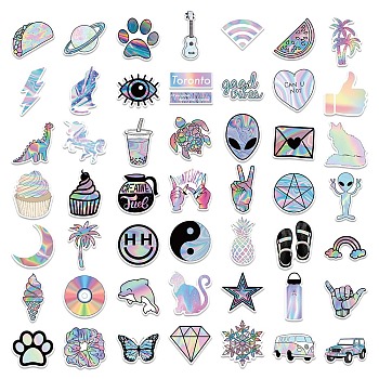 50Pcs Holographic Laser Style Cartoon Paper Sticker Label Set, Adhesive Label Stickers, for Suitcase & Skateboard & Refigerator Decor, Colorful, 24~70x34~81x0.2mm