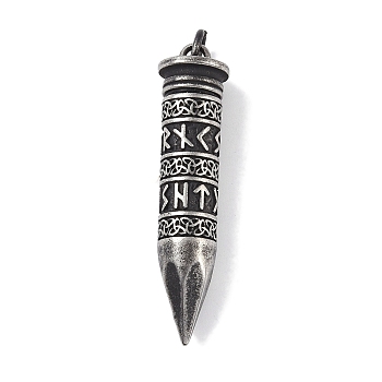 Openable 316 Surgical Stainless Steel Urn Ashes Big Pendants, with Jump Ring, Bullet with Rune, Antique Silver, 57.5x13.5x11mm, Hole: 4.5mm