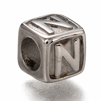 304 Stainless Steel European Beads, Large Hole Beads, Horizontal Hole, Cube with Letter, Stainless Steel Color, Letter.N, 8x8x8mm, Hole: 4.5mm