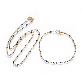 304 Stainless Steel Jewelry Sets, Cable Chain Necklaces and Bracelets, with Enamel, Dark Blue, 19.52 inch~19.76  inch(49.6~50.2cm), 7-7/8  inch~8-1/8  inch(20~20.6cm)