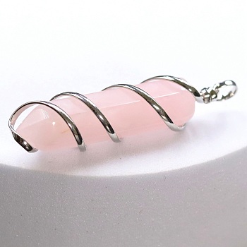 Natural Rose Quartz Copper Wire Wrapped Pointed Pendants, Faceted Bullet Charms, Platinum, 45x10mm