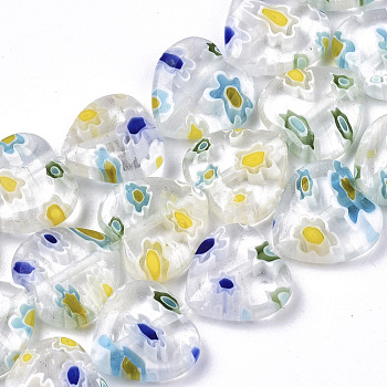 Handmade Millefiori Lampwork Beads Strands, Heart, White, 11~12x12x4~5mm, Hole: 1mm, about 32~33pcs/strand, 12.72 inch~13.78 inch(32.3~35cm)