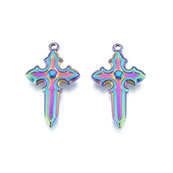 Ion Plating(IP) 304 Stainless Steel Pendant, Cross, Rainbow Color, 33.5x20x3.5mm, Hole: 1.5mm