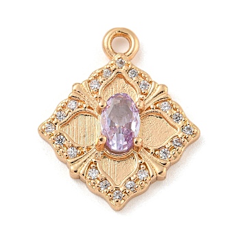 Brass Micro Pave Cubic Zirconia Pendants, Rhombus, Plum, 19.5x16x3.5mm, Hole: 1.8mm