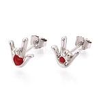 925 Sterling Silver Stud Earrings, Hand with Sign Language I Love You, with Enamel, Platinum, 9x8.5mm(STER-N016-132P)