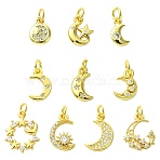 10Pcs 10 Styles Brass Micro Pave Clear Cubic Zirconia Pendants, with Jump Ring, Moon Charms, Real 18K Gold Plated, 10~17x5.5~13x1.5~2.5mm, Hole: 3mm, 1pc/style(KK-CJ0002-49)