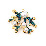 304 Stainless Steel Rhinestone Pendants, Coral Shape Charms, with ABS Imitation Pearl Beads, Enamel Style, Ion Plating(IP), Real 18K Gold Plated, 24x26x7mm, Hole: 1.5mm(STAS-P431-13G)