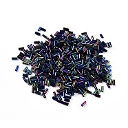 Glass Bugle Beads, Metallic Colours, Colorful, 4~5x2mm, Hole: 0.8mm, about 15000pcs/pound(SEED-L010-01A-409)