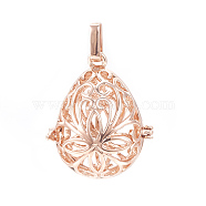 Rack Plating Brass Cage Pendants, For Chime Ball Pendant Necklaces Making, Hollow Teardrop with Flower, Rose Gold, 34x27x22mm, Hole: 3mm, inner measure: 27x19mm(X-KK-S751-002RG)