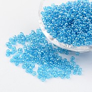 Round Glass Seed Beads, Trans. Colours Lustered, Light Blue, Size: about 3mm in diameter, hole: 1mm, about 1097pcs/50g(X-SEED-A006-3mm-103B)