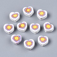Handmade Polymer Clay Beads, Heart with Flower Pattern, White, 9x9~10x4~5mm, Hole: 1.5mm(CLAY-N011-013G)