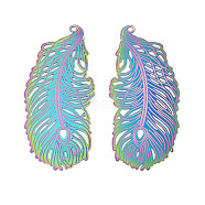 Ion Plating(IP) 304 Stainless Steel Filigree Big Pendants, Etched Metal Embellishments, Feather, Rainbow Color, 60x27x0.3mm, Hole: 1.6mm(STAS-S118-067)