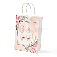 Gold Stamping Rectangle Paper Bags, with Handle, for Gift Bags and Shopping Bags, Word Baby girl, Flower Pattern, 14.9x8.1x21cm(CARB-B002-01H)