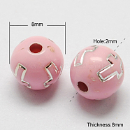 Plating Acrylic Beads, Metal Enlaced, Round, Pink, 8x8mm, Hole: 2mm, 2000pcs/500g(PACR-S192-12)