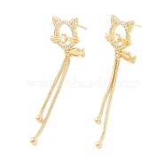 Clear Cubic Zirconia Cat and Fish with Long Tassel Dangle Stud Earrings, Brass Jewelry for Women, Cadmium Free & Lead Free, Real 18K Gold Plated, 61x17.5mm, Pin: 0.5mm(EJEW-K090-02G)