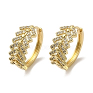 Brass Pave Clear Cubic Zirconia Huggie Hoop Earrings for Women, Real 18K Gold Plated, Leaf, 18x7.5mm(EJEW-C097-12G-07)